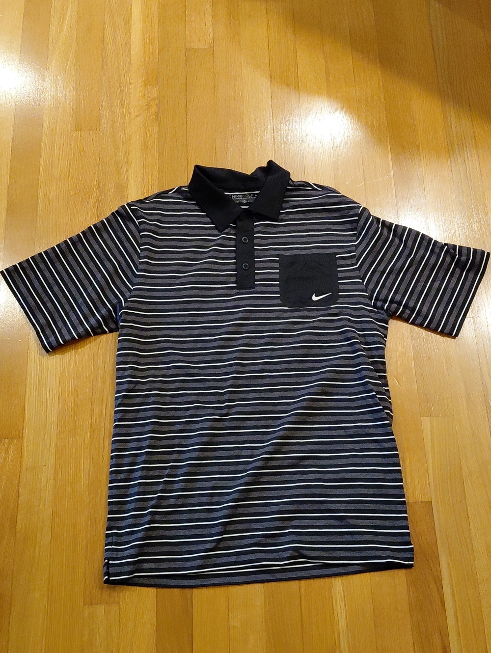 Nike Men’s Black and Gray Striped Polo with Chest Pocket Small